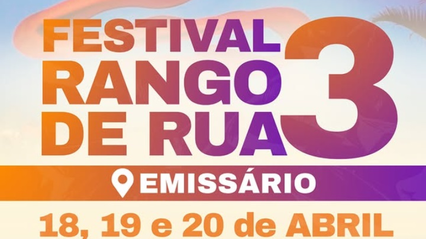 Cartaz colorido anuncia a 3ª edição do Festival Rango de Rua no Emissário Submarino de Santos, com datas, horários e ilustrações de comidas típicas