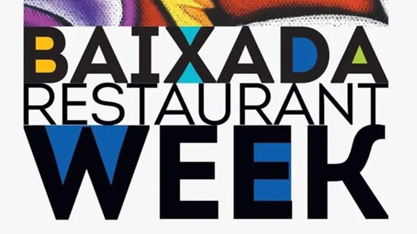 Logotipo do evento gastronômico "Baixada Restaurant Week", apresentando uma ilustração estilizada de um chef e elementos culinários em cores vibrantes acima do nome do festival