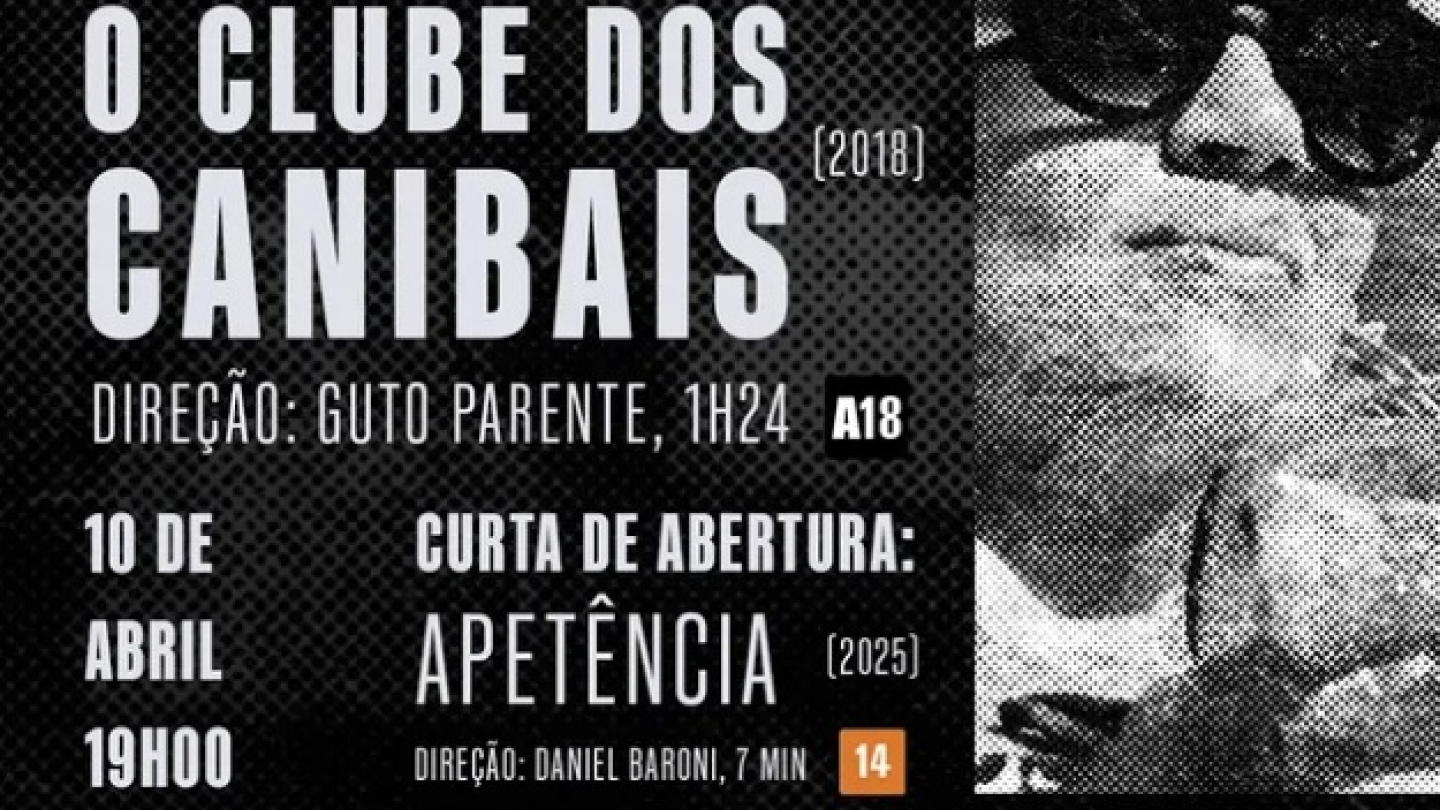 Cartaz do Vil Cineclube anunciando a exibição do filme "O Clube dos Canibais" para o dia 10 de abril no MISS, em Santos