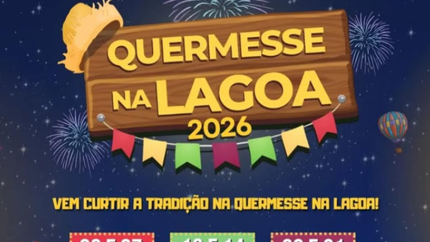 cartaz festivo anunciando a "Quermesse na Lagoa 2026" no Morro Nova Cintra, com as datas do evento em junho e ilustrações típicas de festa junina
