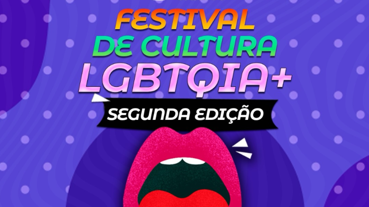 Cartaz de divulgação em fundo roxo com poás que anuncia a segunda edição do "Festival de Cultura LGBTQIA+", destacando ao centro a ilustração de uma boca aberta com a língua pintada nas cores do arco-íris