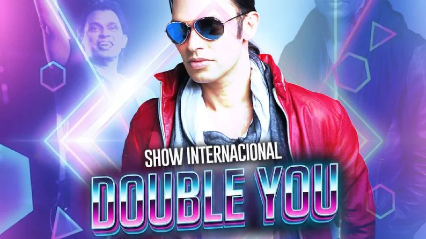 Cartaz publicitário com estética neon dos anos 80 anuncia o show internacional do grupo Double You em Santos no dia 20 de junho, destacando o vocalista de jaqueta vermelha e óculos de sol em primeiro plano