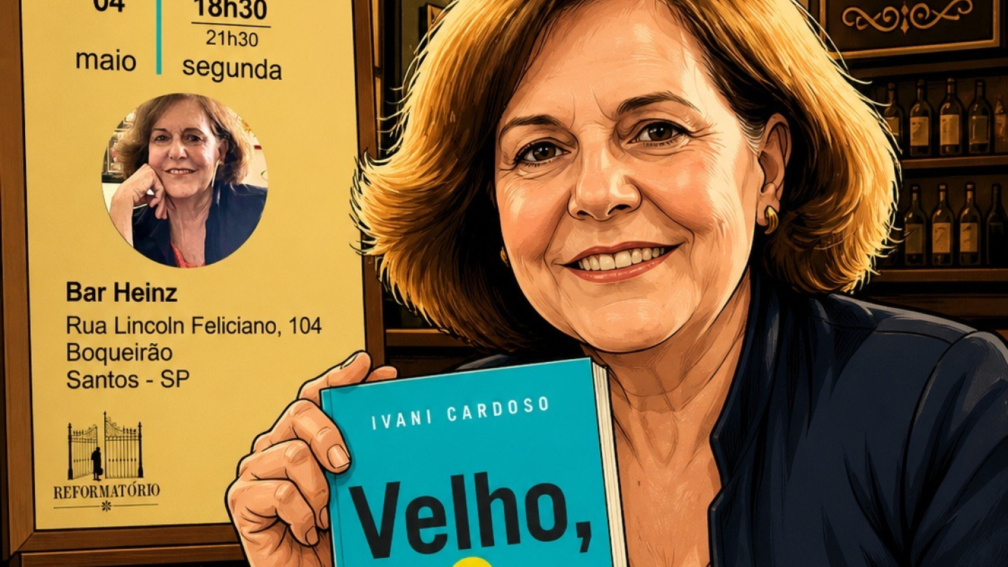 Ilustração promocional que mostra a autora Ivani Cardoso segurando seu livro "Velho, eu?", anunciando o evento de lançamento no Bar Heinz, em Santos, no dia 4 de maio