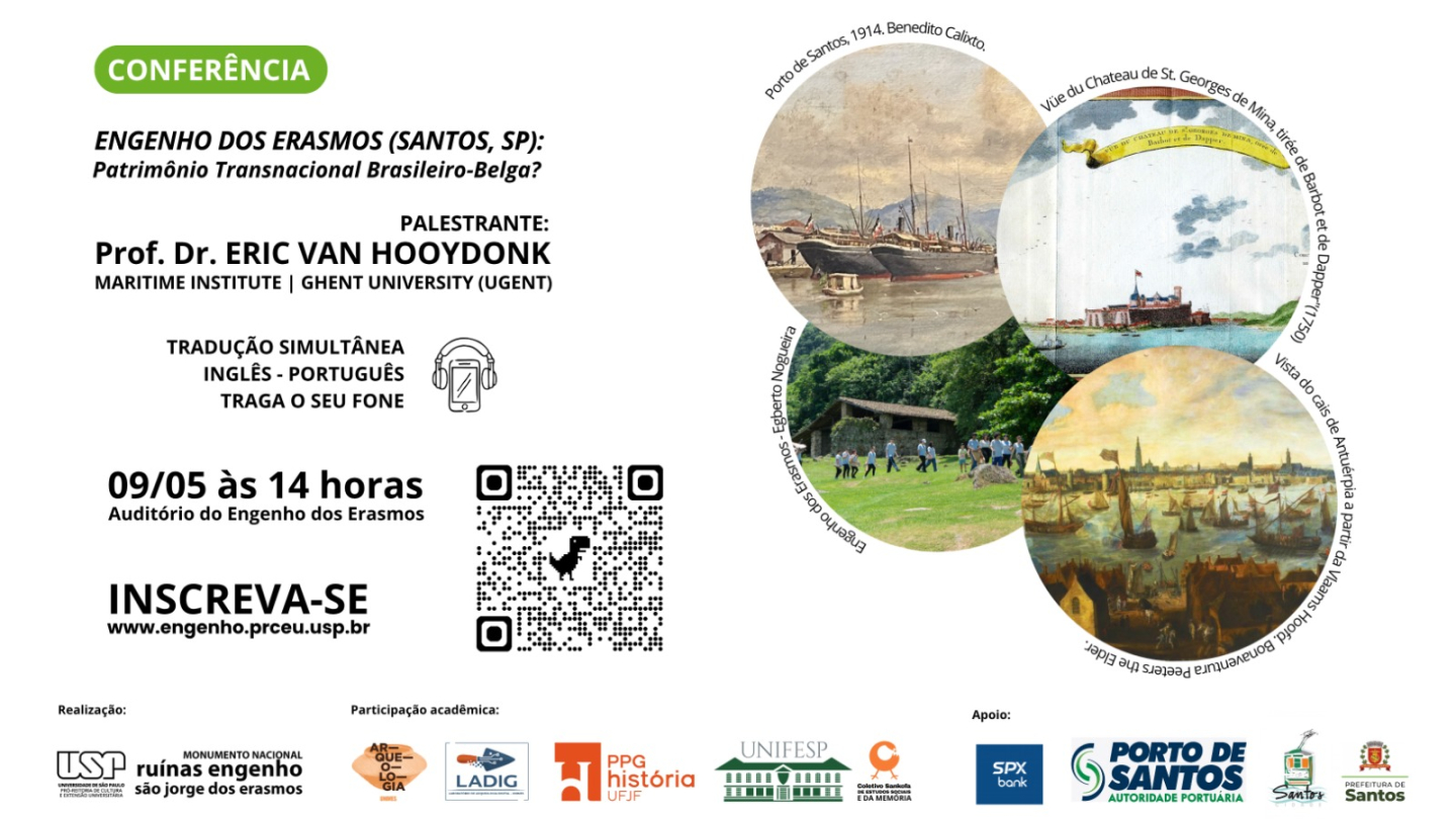 Cartaz de divulgação de uma conferência sobre o Engenho dos Erasmos, destacando o palestrante Prof. Dr. Eric Van Hooydonk e ilustrações históricas que conectam o patrimônio de Santos à Bélgica