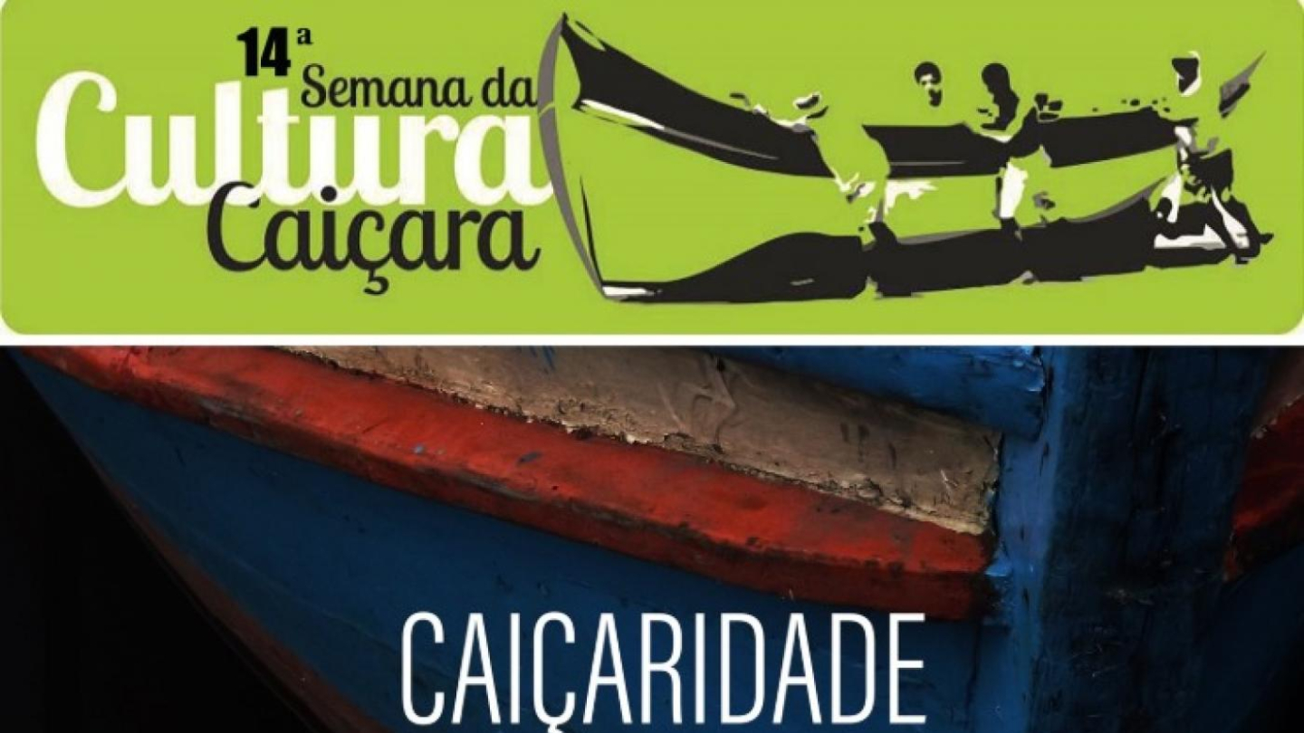 Cartaz da 14ª Semana da Cultura Caiçara em Santos, apresentando o tema "Caiçaridade" sobre o detalhe da proa de um barco de madeira azul e vermelho
