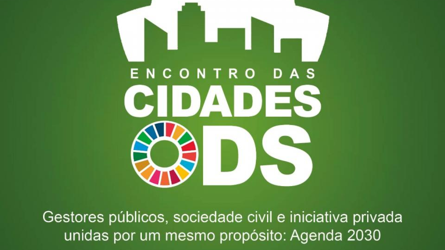 Este cartaz verde anuncia o "Encontro das Cidades ODS", um evento sobre a Agenda 2030 que ocorrerá nos dias 15 e 16 de maio no Parque Valongo, em Santos