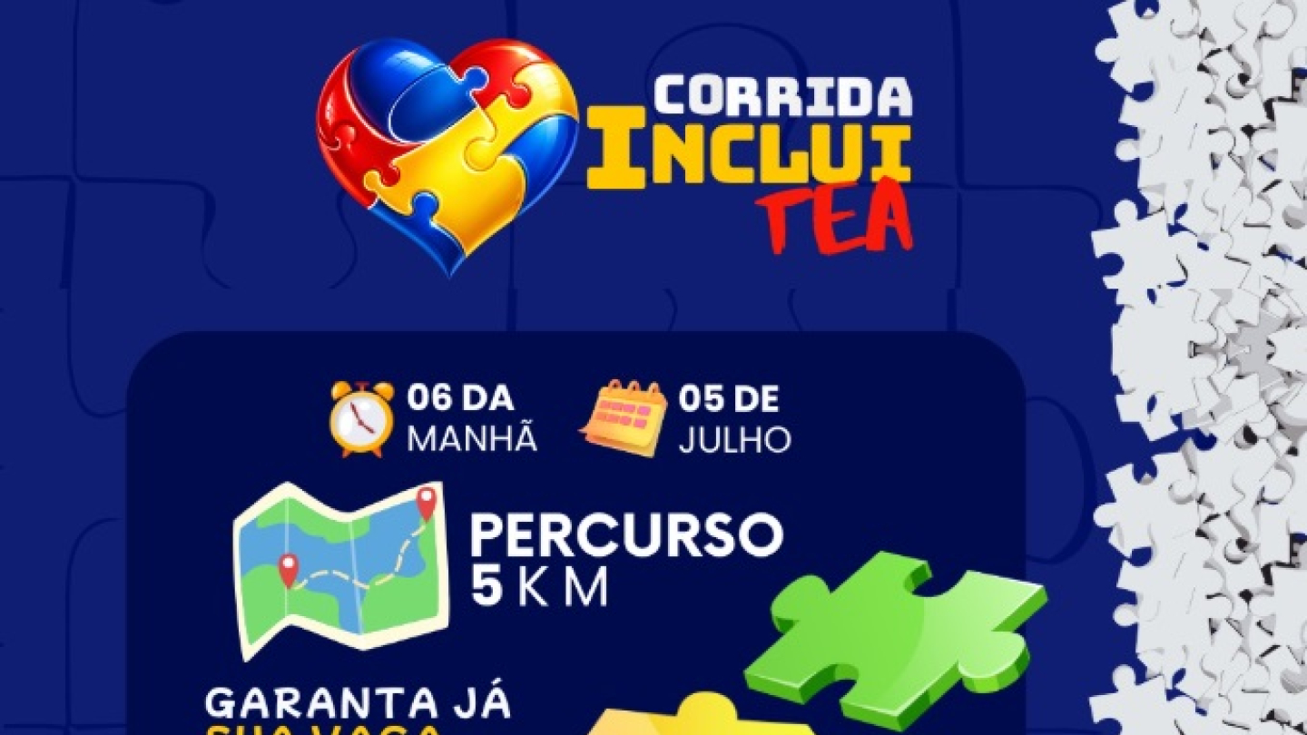 Cartaz publicitário da "Corrida Inclui TEA", evento de 5 km agendado para o dia 5 de julho às 6h da manhã, apresentando elementos visuais de quebra-cabeça e cores vibrantes associadas à conscientização do autismo