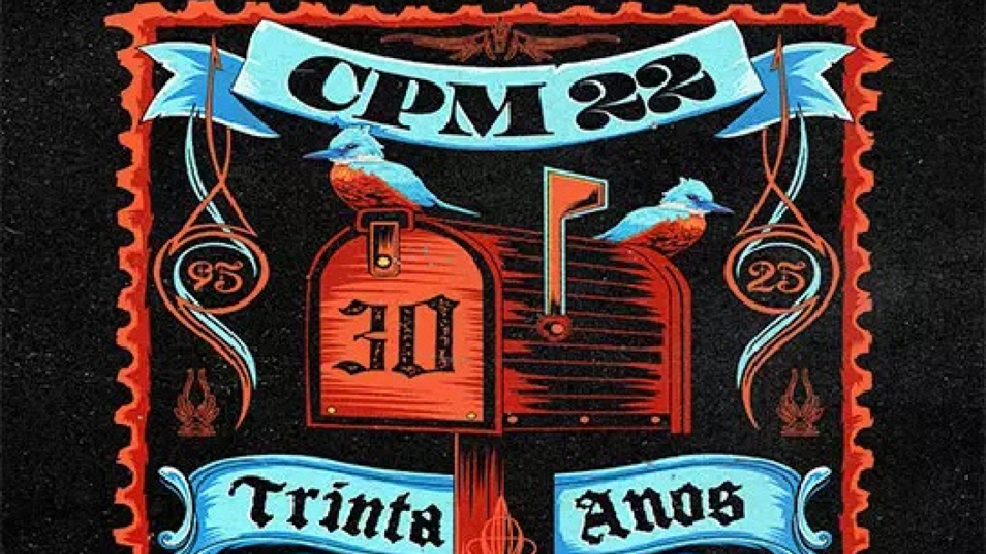 Cartaz estilizado com a imagem de uma caixa de correio clássica anuncia o show da banda CPM 22 em comemoração aos seus 30 anos, agendado para 11 de outubro no Arena Club, em Santos