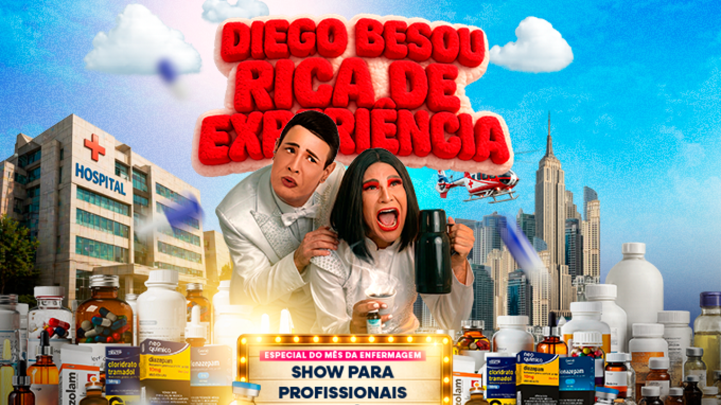 Cartaz de divulgação do espetáculo "Diego Besou: Rica de Experiência - Show para Profissionais da Saúde", dia 10 de julho, no Centro Cultural Português em Santos, trazendo os personagens do humorista em destaque cercados por frascos de remédios, um hospital e arranha-céus