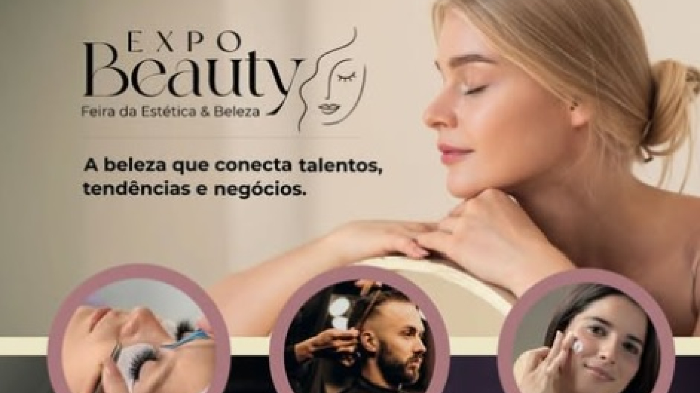 Cartaz promocional da Expo Beauty 2026, uma feira de estética e beleza que acontecerá em Santos, apresentando imagens de procedimentos de beleza e informações sobre o evento