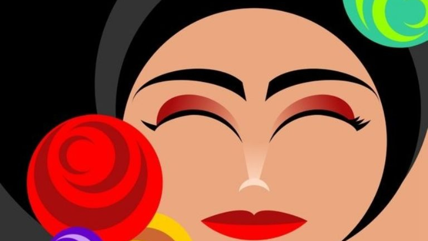 Ilustração estilizada do rosto de uma mulher com olhos fechados, lábios vermelhos e flores coloridas em seus cabelos pretos e volumosos