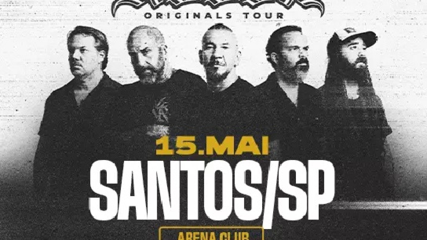 Cartaz em tons de cinza e dourado anuncia o show da banda Rodox em Santos no dia 15 de maio, apresentando os integrantes da "Originals Tour"