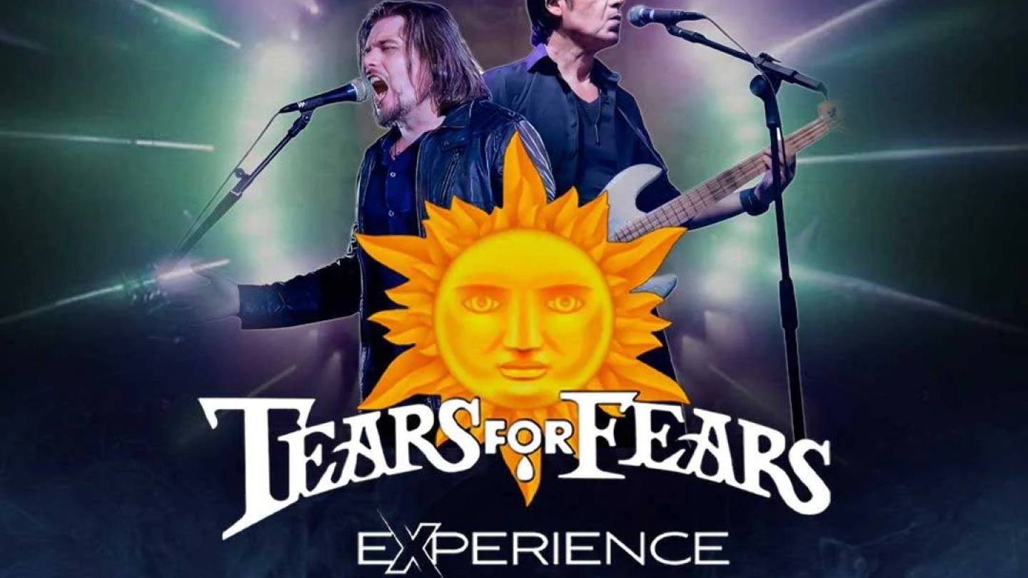 Um cartaz de show da banda Tears for Fears Experience apresenta dois músicos se apresentando sob luzes de palco, com um sol estilizado ao centro e informações sobre o evento no Clube Vasco da Gama
