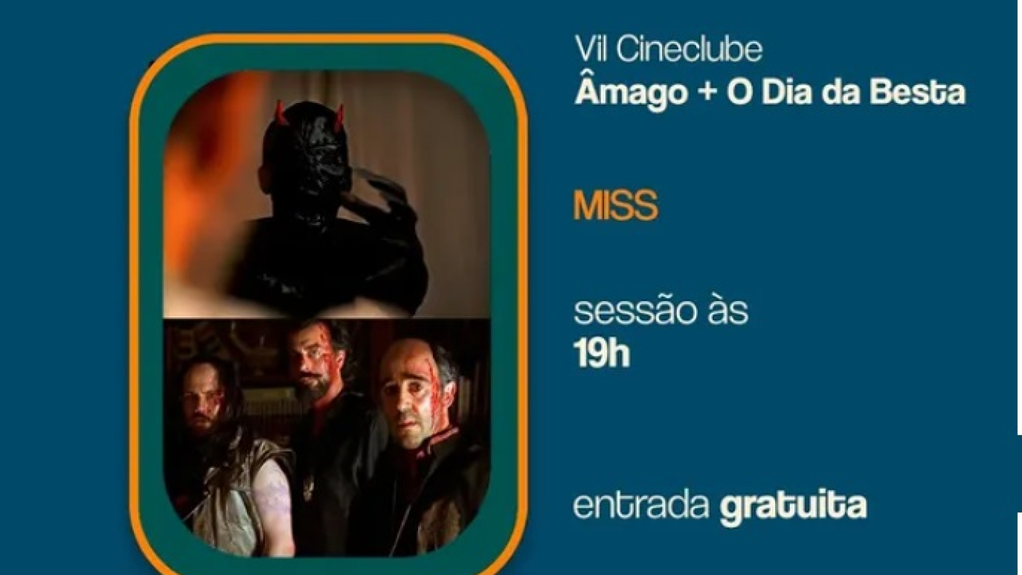 cartaz anuncia uma sessão gratuita do Vila Cineclube no MISS no dia 08 de maio, às 19h, apresentando os filmes "Âmago" e "O Dia da Besta"