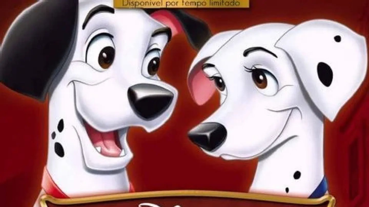 Cartaz do clássico animado "101 Dálmatas", da Disney. A arte reúne os protagonistas caninos da história, diversos filhotes dálmatas e a inesquecível vilã Cruella de Vil, destacando o clima de aventura e diversão que marcou gerações.