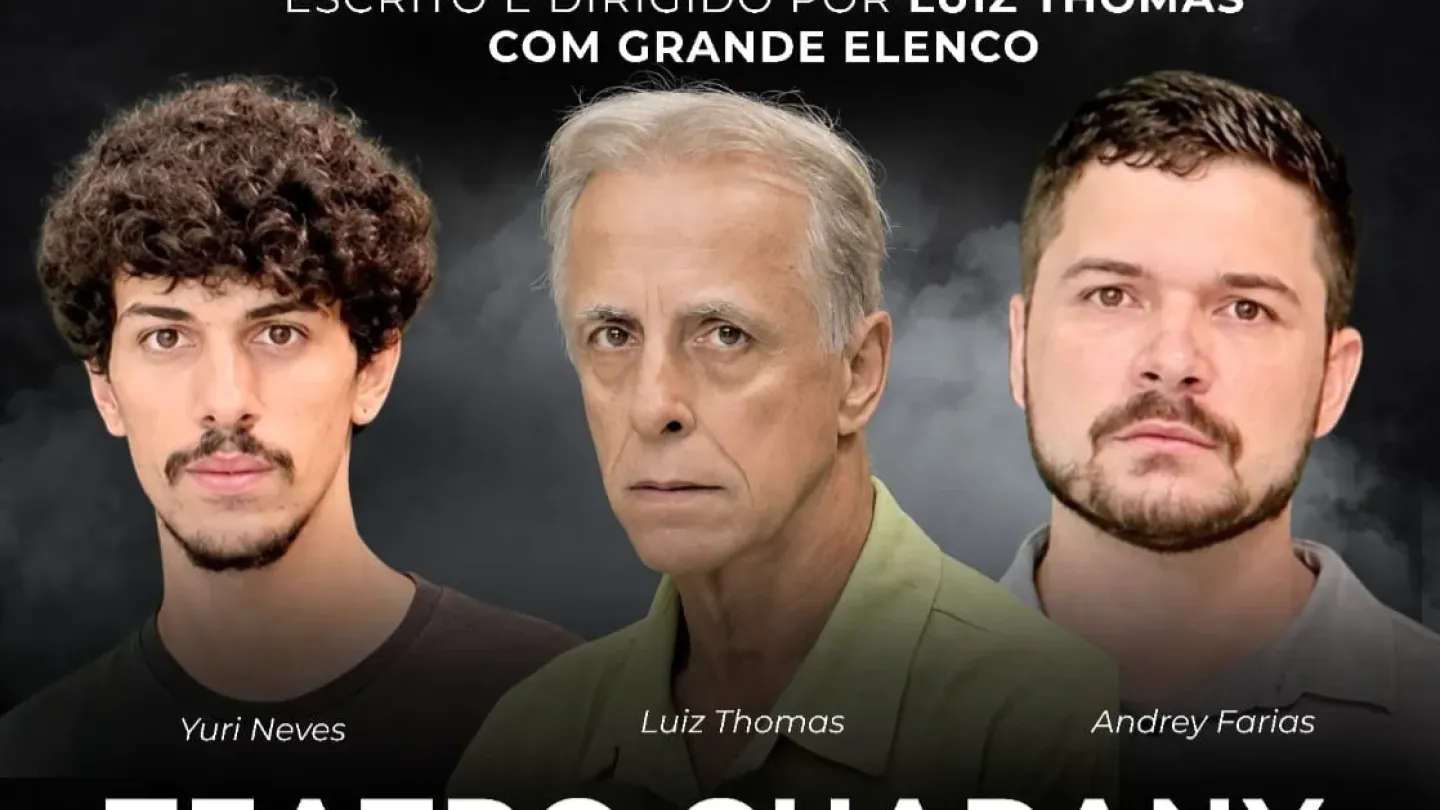Cartaz da peça teatral "Três Homens e um Crime", apresentada pelo Grupo de Teatro Luiz Thomas. O espetáculo, definido como um suspense policial, será encenado no Teatro Guarany em três sessões, nos dias 24, 25 e 26 de julho.