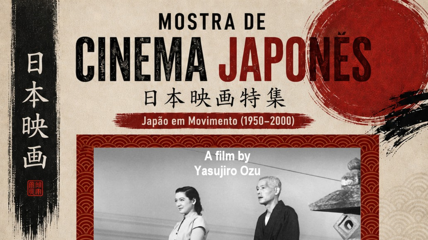 Cartaz da Mostra de Cinema Japonês – Japão em Movimento (1950–2000), destacando a exibição do clássico "Tokyo Story" (Era Uma Vez em Tóquio), de Yasujirō Ozu. Ao centro aparece o pôster em preto e branco do filme, mostrando uma jovem e um homem mais velho em trajes tradicionais japoneses diante de uma paisagem urbana. O cartaz informa sessão gratuita no dia 13 de junho, às 20h, na Cinemateca de Santos.