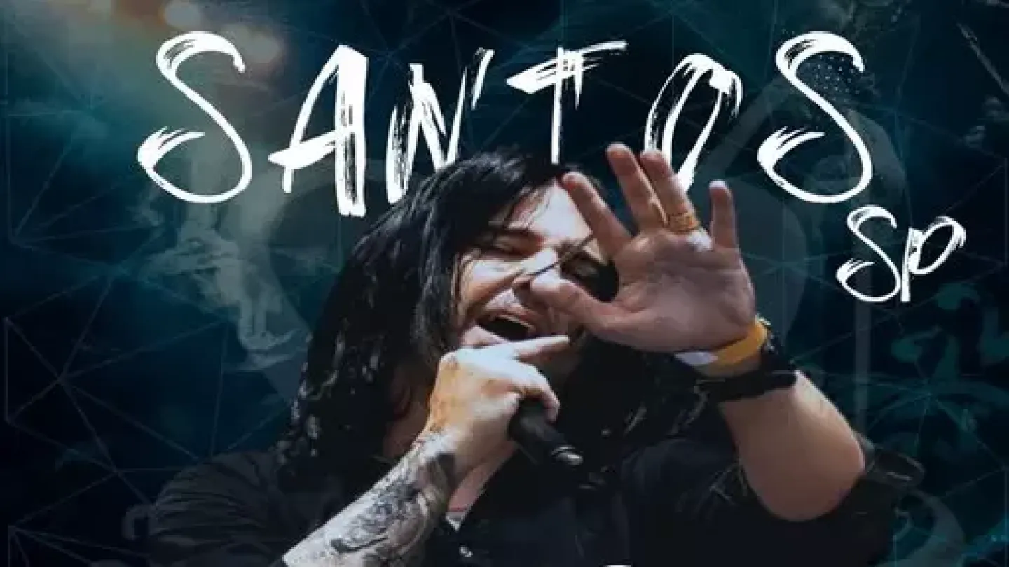 Cartaz de divulgação do show de Guilherme de Sá em Santos. O artista aparece cantando ao microfone em uma apresentação intimista no formato voz e violão, marcada para o dia 31 de julho, às 21h, no Arena Club.