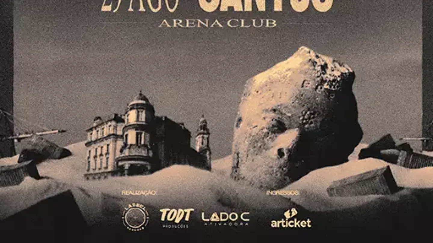 Cartaz da turnê "MR Tour", de Yunk Vino, anunciando apresentação em Santos no dia 29 de agosto, no Arena Club. A arte utiliza uma estética sombria e sofisticada, com tons de cinza e dourado. Em destaque aparecem o nome do artista, a identidade visual da turnê e uma composição que mistura arquitetura clássica, paisagens áridas e uma grande formação rochosa, criando uma atmosfera cinematográfica e misteriosa.
