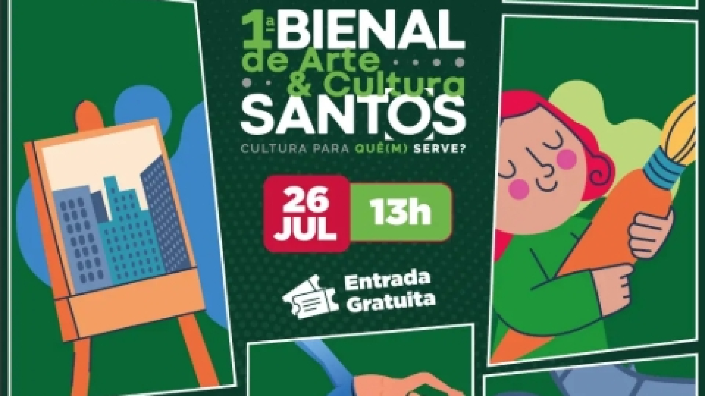 Card de divulgação da 1ª Bienal de Arte & Cultura de Santos com ilustrações coloridas que representam diferentes linguagens artísticas, como literatura, pintura, música, dança, fotografia, cinema e artes visuais. No centro, aparecem o nome do evento, a data 26 de julho, o horário 13h, a informação de entrada gratuita e o endereço Rua do Comércio, 145. O fundo verde e os elementos gráficos em estilo ilustrado reforçam a proposta cultural e criativa do evento.