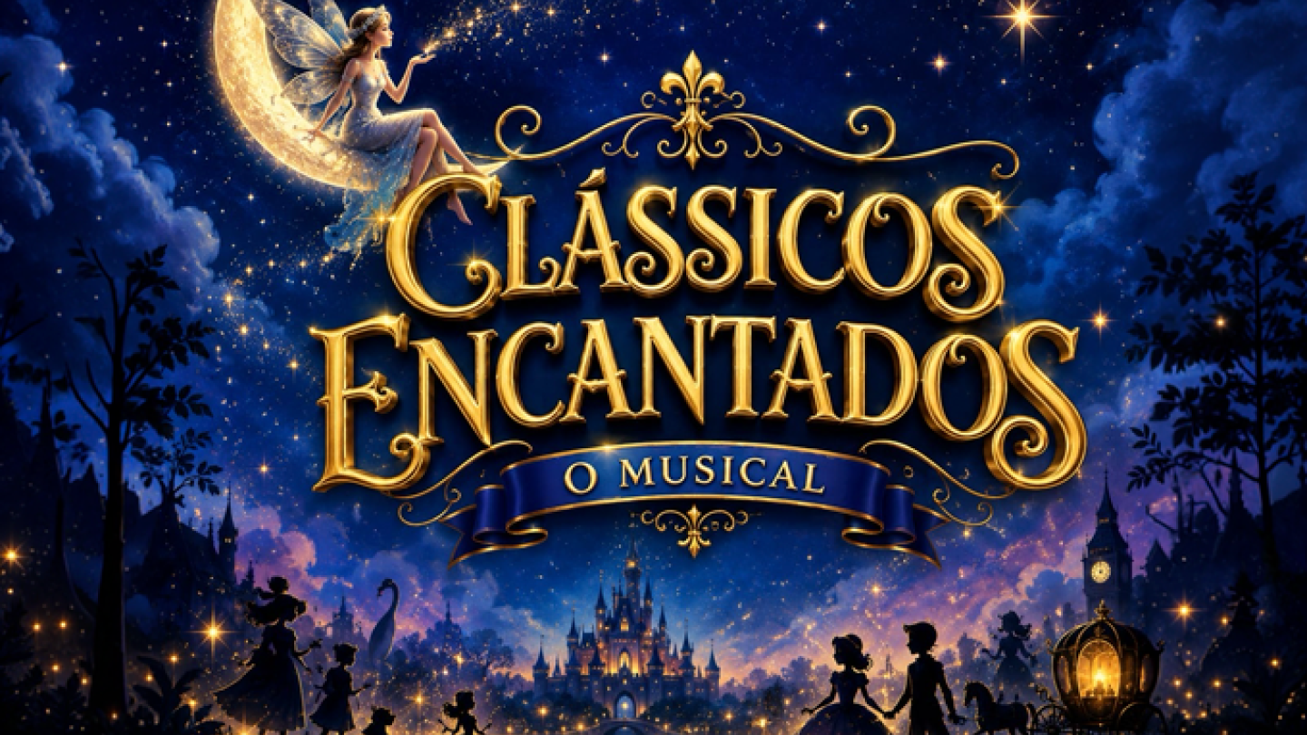 Cartaz do musical Clássicos Encantados, com um castelo iluminado ao fundo sob um céu estrelado. Em primeiro plano, silhuetas de personagens inspirados em contos de fadas cercam um livro aberto, enquanto uma fada sentada em uma lua crescente espalha brilho sobre a cena, criando uma atmosfera mágica e encantadora.