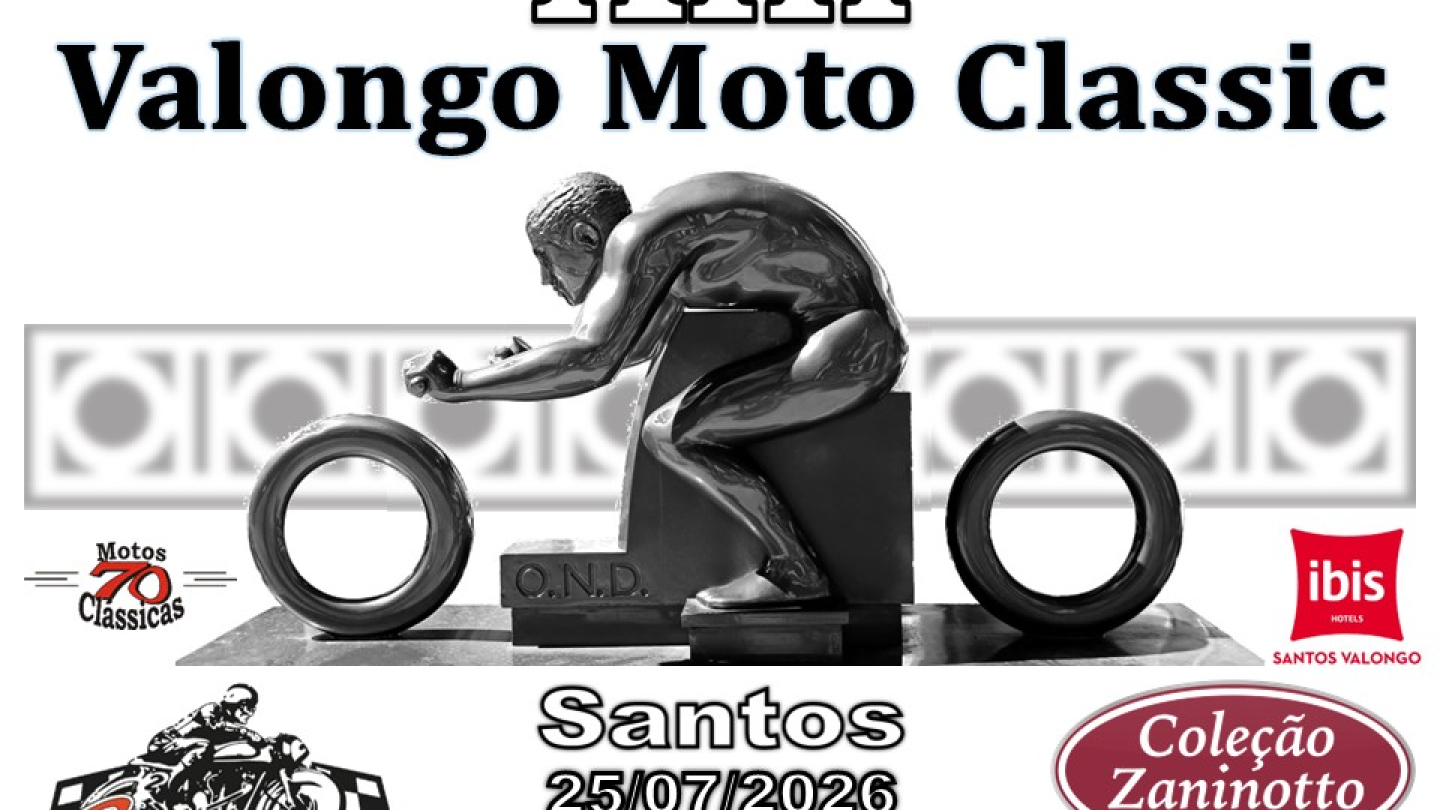 Cartaz de divulgação da 13ª edição do Valongo Moto Classic, encontro de motocicletas antigas e clássicas realizado em Santos. A arte destaca a tradição do evento e homenageia o universo do motociclismo clássico.